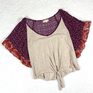 Altard State Boho Gypsy Suzani Floral Flutter Sleeve V-Neck Front Tie Blouse Top